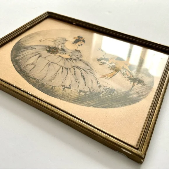 Antique Framed Art Print of Girl in Blue Dress With Bird in Tree - Picture 2 of 5